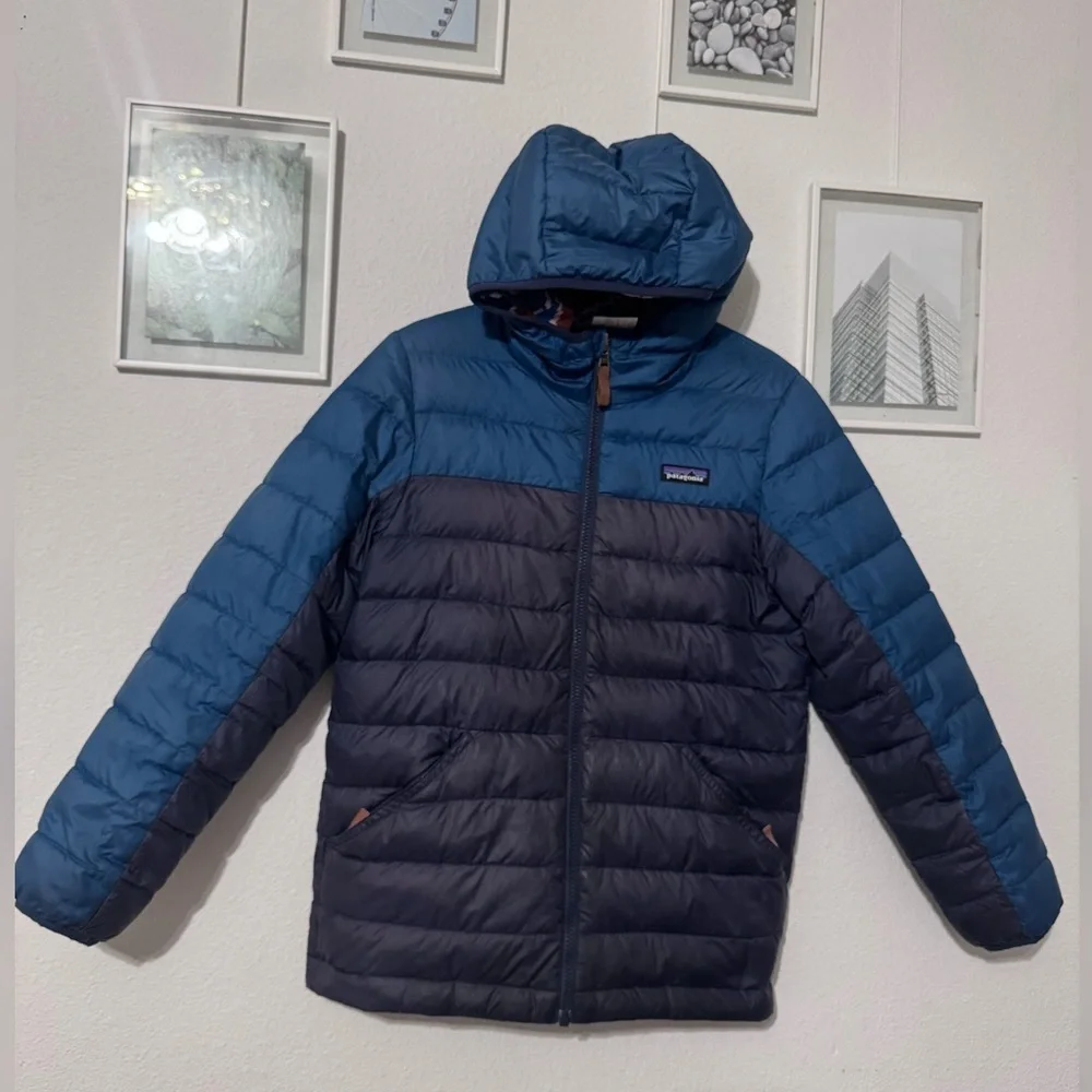 Patagonia Blue and Brown Puffer Jacket with Geometric Design